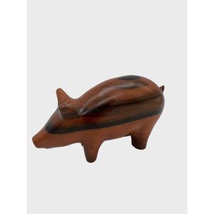 Hand Carved Wood Pig Figurine Collectible 5.5" x 3" Dark & Light Brown